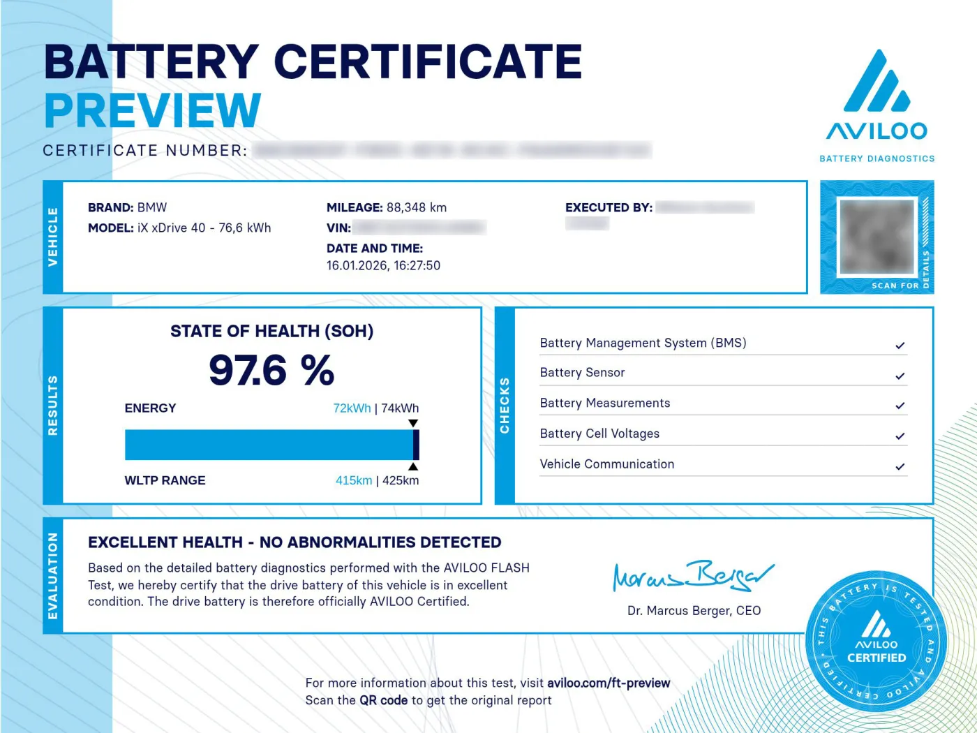 Exemplu de certificat de baterie AVILOO